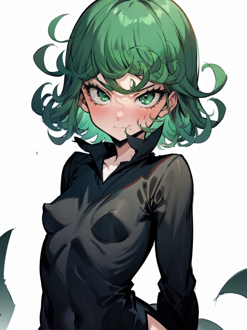 1girl, solo, tatsumaki, short hair, looking at viewer, black dress, small breasts, thick thighs, simple background, <lora:...